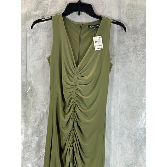 INC Women's Burnt Olive V-Neck Ruched Sleeveless Bodycon Midi Dress SZ XS - Picture 4 of 10